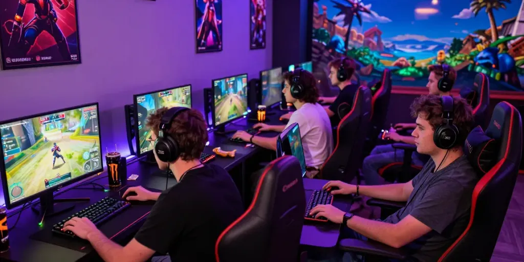 Engaged group enjoying Seributoto online gaming in vibrant gaming lounge.