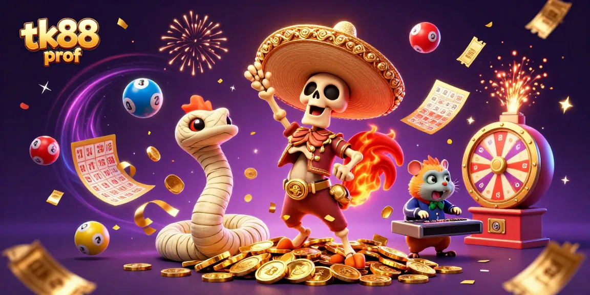 Engage in thrilling games with tk88 prof's vibrant cartoon scene of characters celebrating lottery success amid colorful elements.