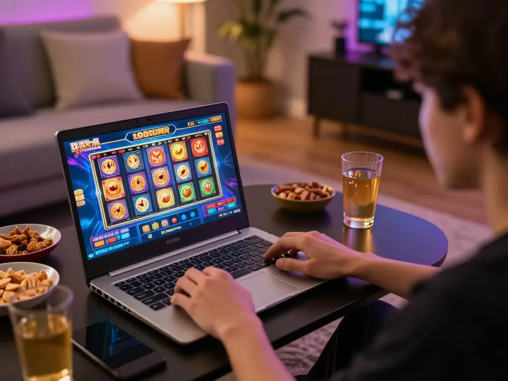 Player enjoying LGOSUPER slot games on a laptop in cozy home setup with snacks