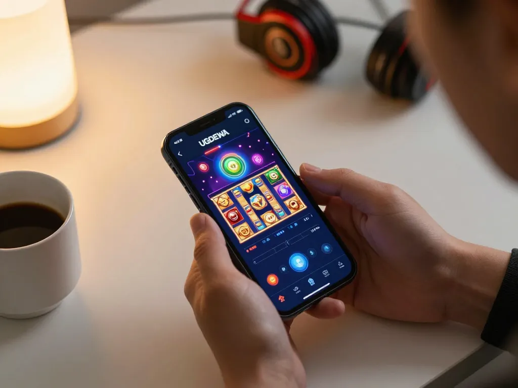 Engaging gameplay on UGDEWA app showcasing exciting slots in a cozy home environment.