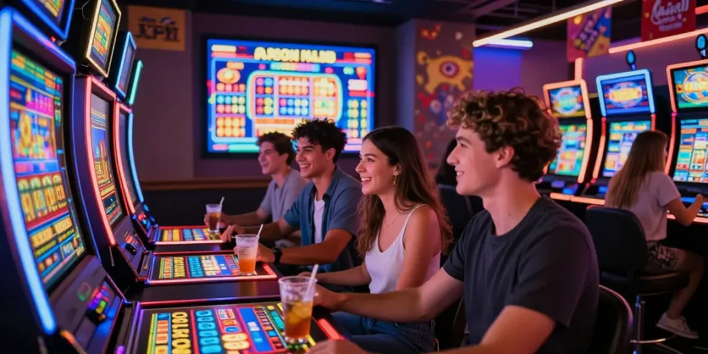 Pengunjung bersenang-senang di kasino bermain toto slot dengan mesin permainan berwarna cerah.
