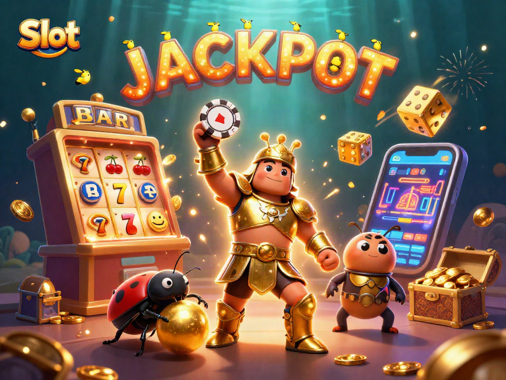 Menggulung chip slot dengan keberuntungan, karakter dan jackpot slot di latar belakang
