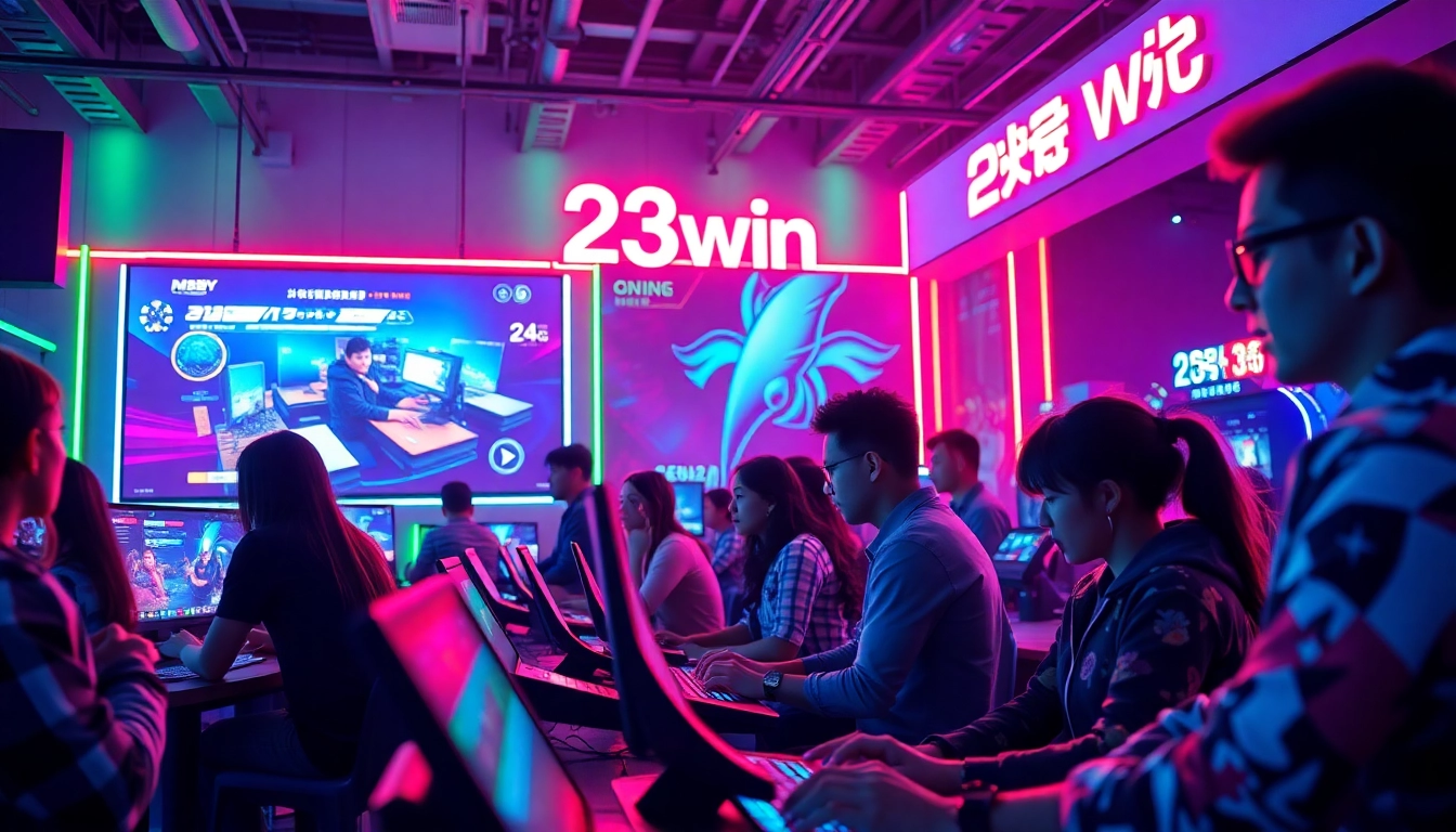 High-energy gaming scene showcasing 23win with diverse players and modern tech.