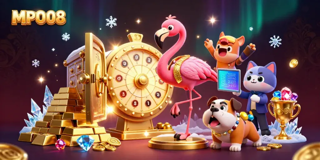 Excited contestant and game show host at MPO08 spinning the prize wheel in a lavish casino setting.
