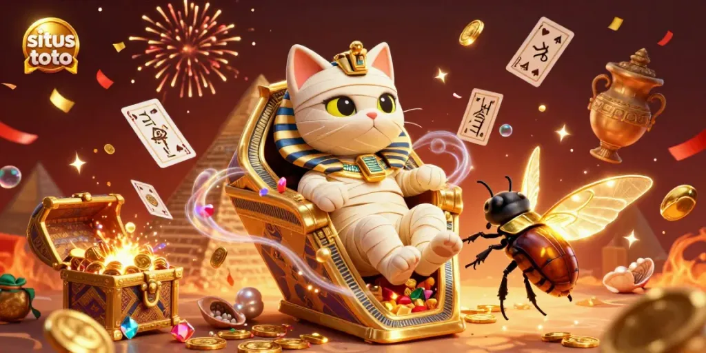 Experience situs toto with a thrilling scene of a mummy cat bursting from a sarcophagus surrounded by golden treasures and energetic design elements.