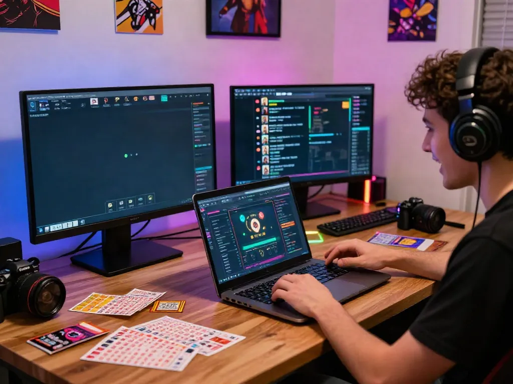 Engaged gamer playing unsurtoto online with lottery tickets and LED lights.