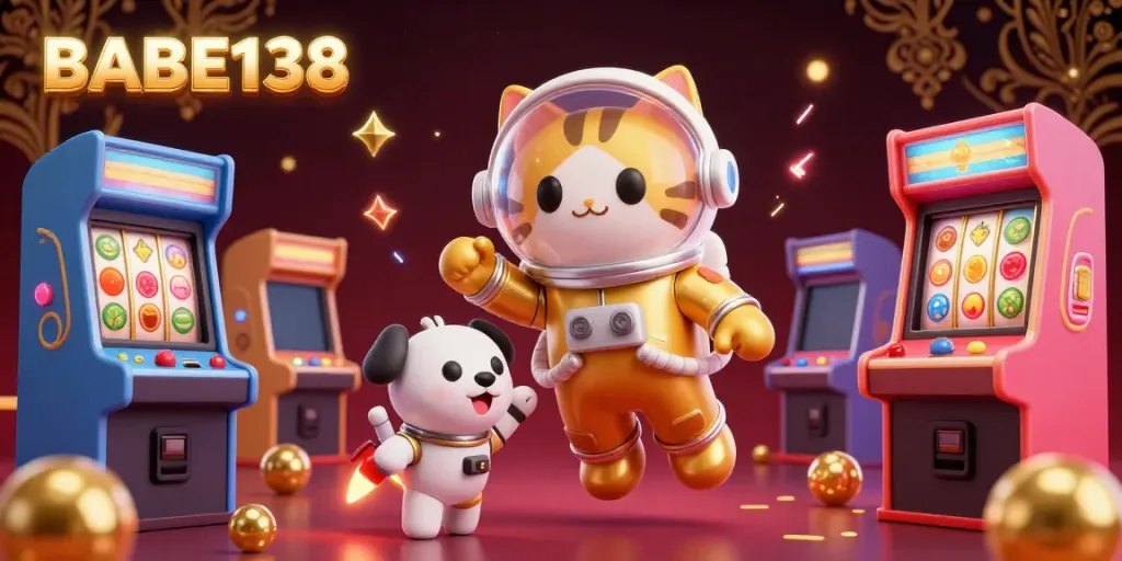 Mengalami keseruan permainan di BABE138 dengan mesin slot dan robot dalam ilustrasi kasino 3D.