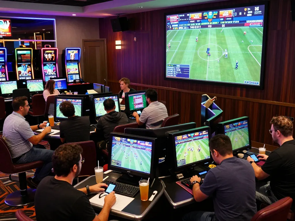 People engaging with keonhacai sports betting applications in a lively casino atmosphere