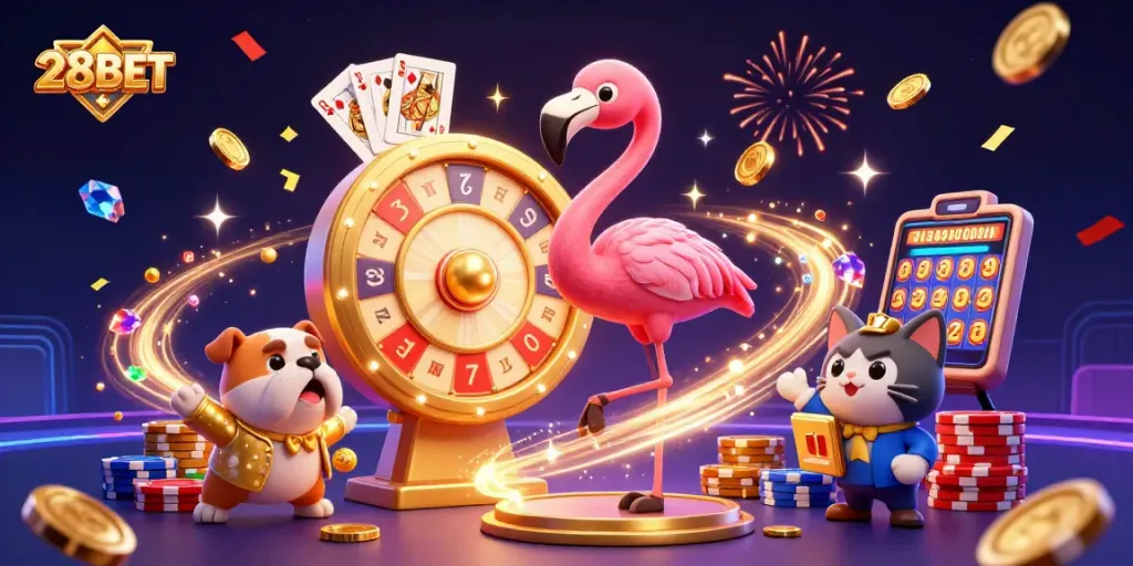 Spin and win with 28BET in a vibrant casino scene featuring exciting characters and rich gambling elements.