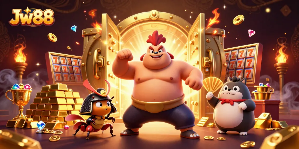 Experience thrilling moments at Jw88 as animated characters celebrate in a vibrant casino scene.
