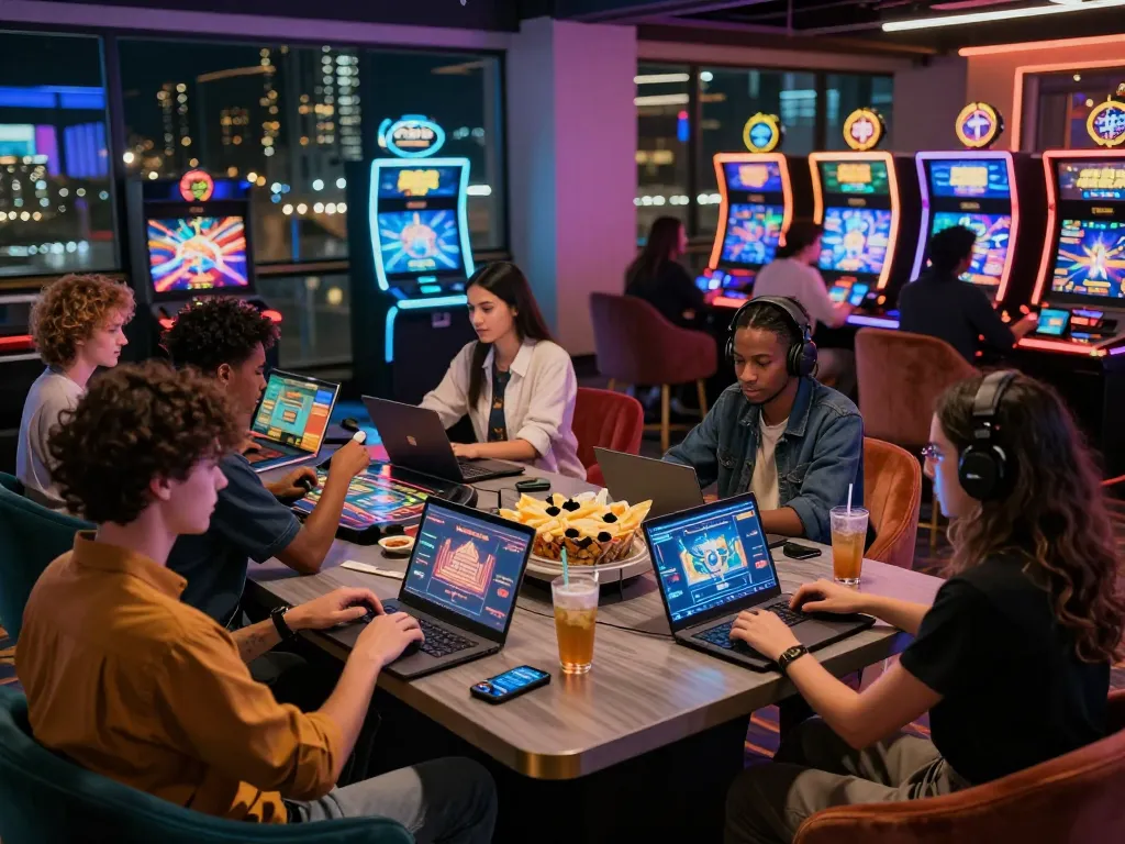 Group of friends enjoying online gaming experiences at https://f168.today/ in a lively casino setting with colorful graphics and vibrant lighting.