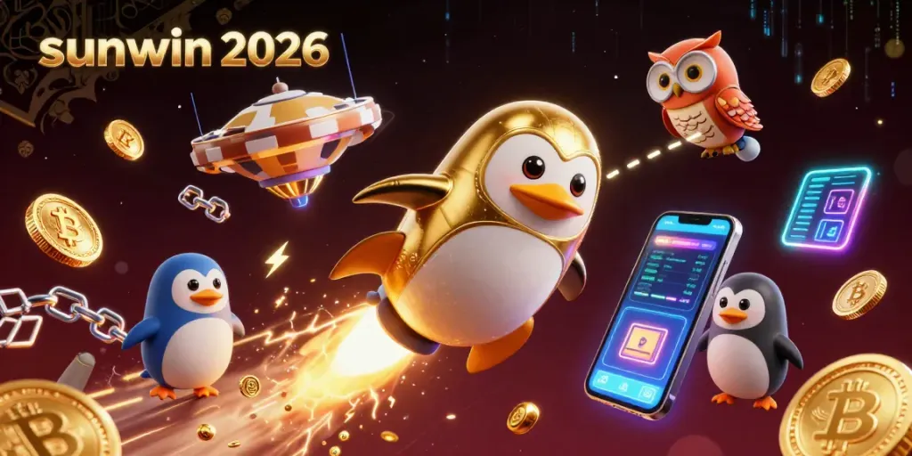 Experience the excitement of sunwin 2026 with a golden penguin racing to a casino, surrounded by crypto elements.