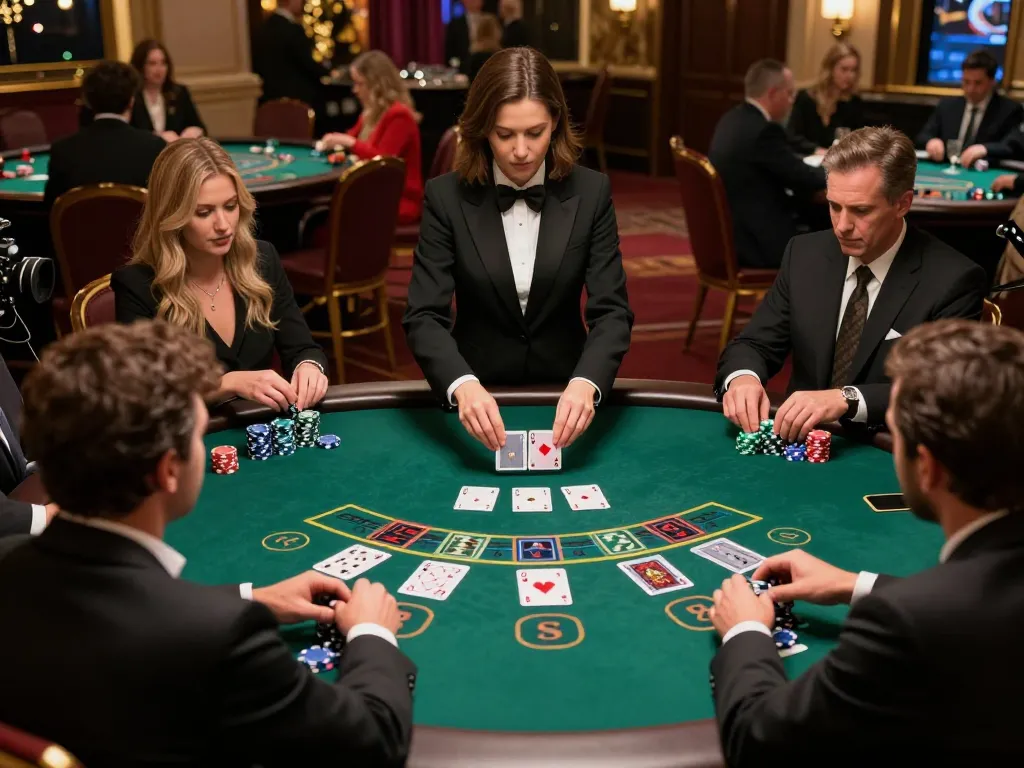 hubet players placing strategic bets in a lively blackjack game at a luxurious casino table