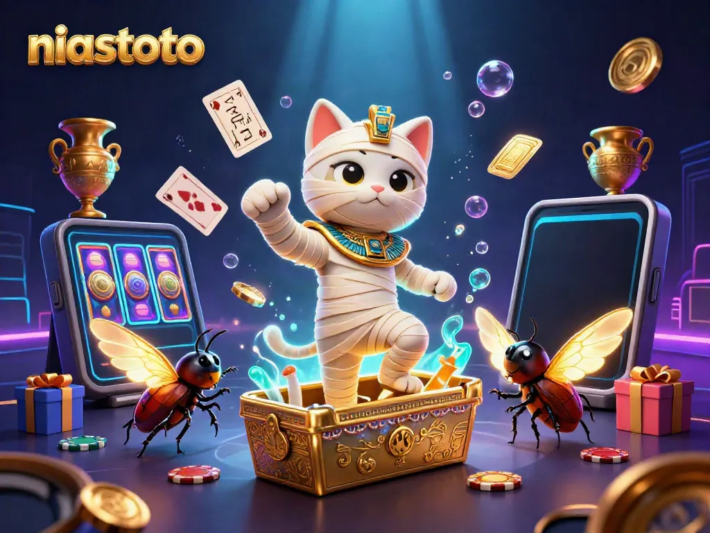 niastoto memainkan slot di kasino piramida dengan kucing mummy, kepompong, dan kartu hieroglif