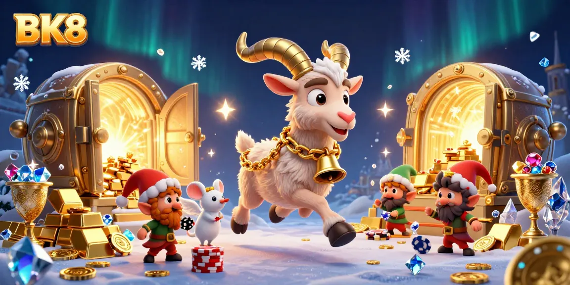 Interact with BK8’s vibrant casino scene featuring Krampus and playful characters amidst gold treasures and festive chaos.