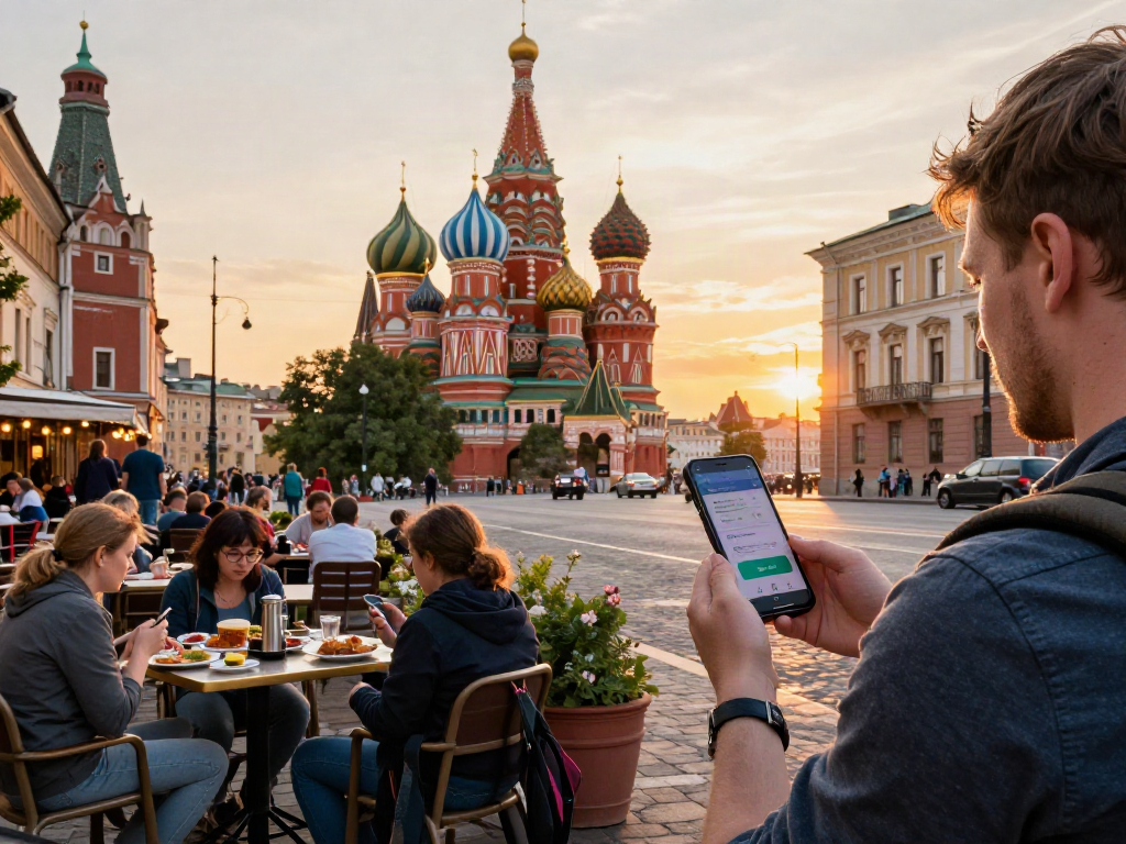 Menggunakan aplikasi pembayaran di https://payinrussia.com/ saat menjelajahi pemandangan kota Rusia yang bersejarah.