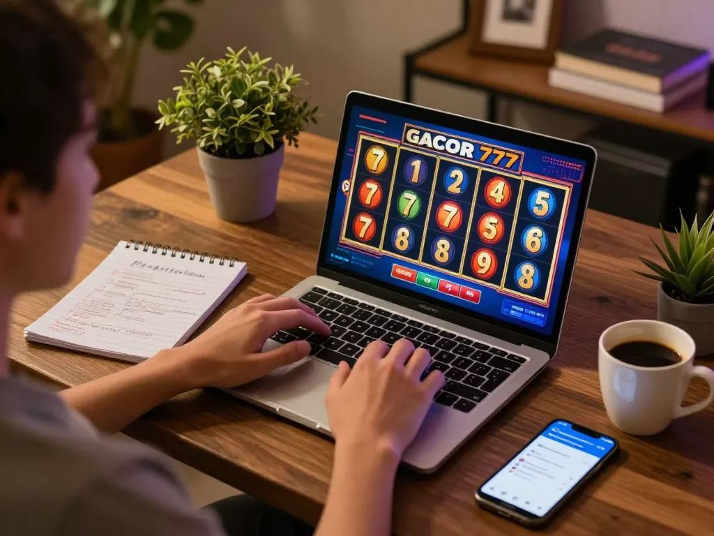SLOT GACOR 777 gaming action on laptop in cozy home setting, showing strategic engagement and a chance for winnings.