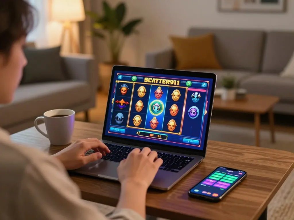Engage with SCATTER911 games at home using a stylish laptop in a cozy atmosphere.