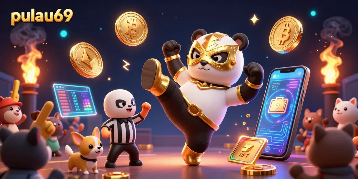 Experience pulau69 excitement with a wrestling panda amidst vibrant crypto action.
