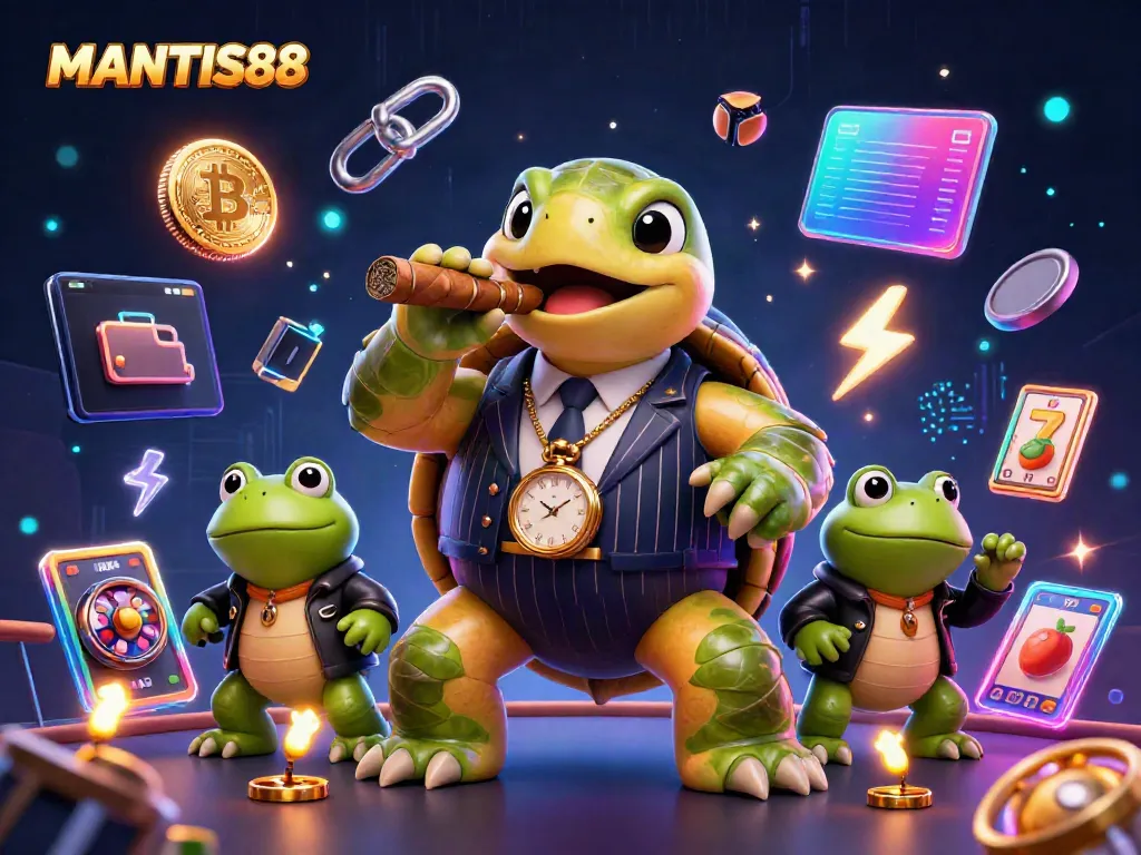 Engage with MANTIS88’s vibrant casino scene featuring a turtle and bullfrogs amidst slot reels and crypto elements.