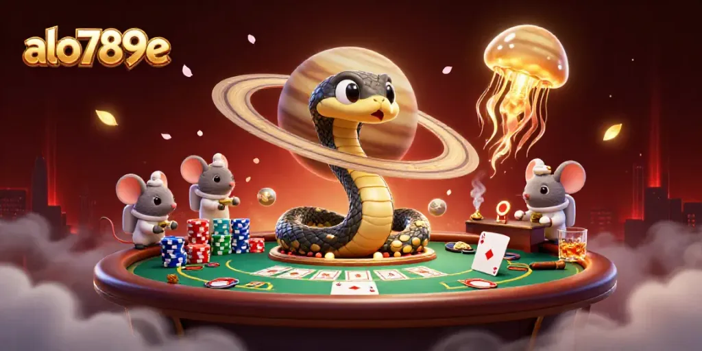 Engage with the universe of gambling at alo789e, featuring 3D cartoon characters playing games among a cosmic backdrop.