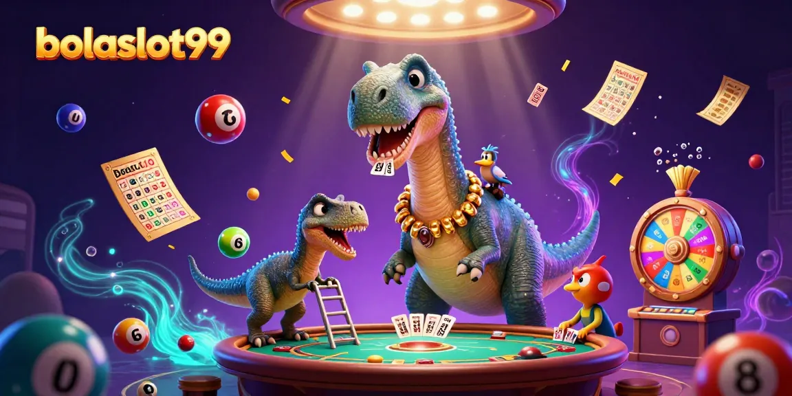 Experience the thrill of bolaslot99 as a giant brontosaurus oversees a vibrant casino scene.