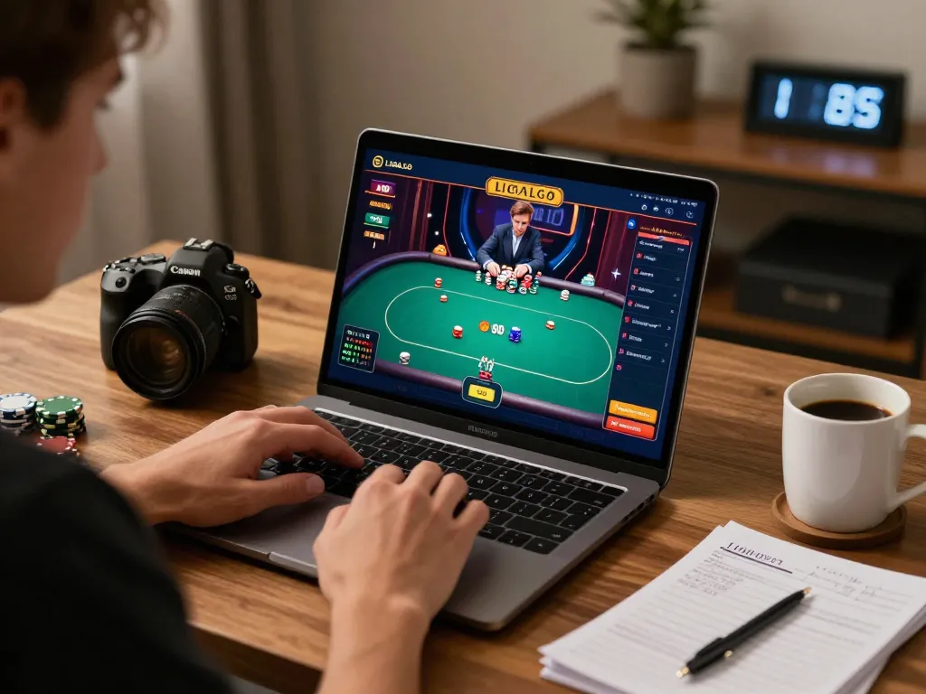 Player engaging with LIGALGO on laptop, highlighting online poker gameplay and responsible gaming.
