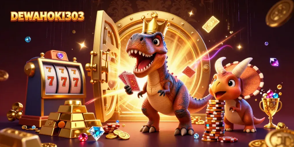 Ilustrasi DEWAHOKI303 dengan dinosaurus kartun bermain kartu di latar belakang kasino, penuh perhiasan.