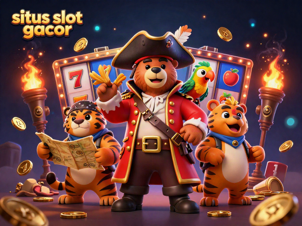 situs slot gacor menampilkan gambar dinamis dengan karakter beruang kapten bajak laut dan harimau, dikelilingi simbol slot dan koin emas.