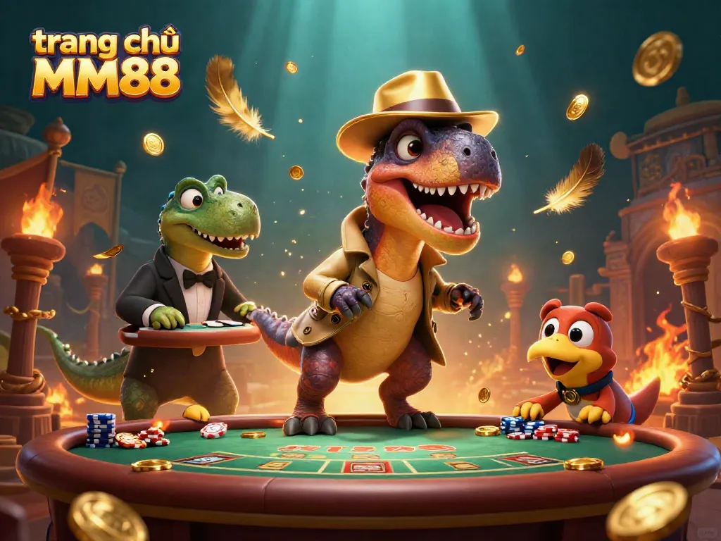 Experience thrilling gambling at trang chủ MM88 with a velociraptor card counter amidst intense casino action.