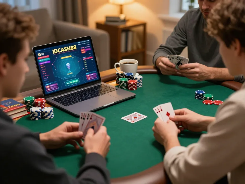 IDCASH88 players strategizing during an intense online poker session at home, capturing interactive gaming experience