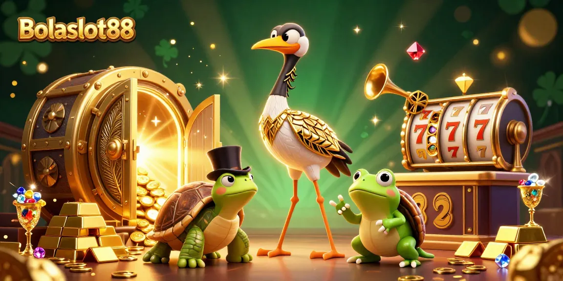 Bolaslot88 showcases a vibrant casino scene featuring a stylish crane, turtle, and frog amid wealth and slot elements.