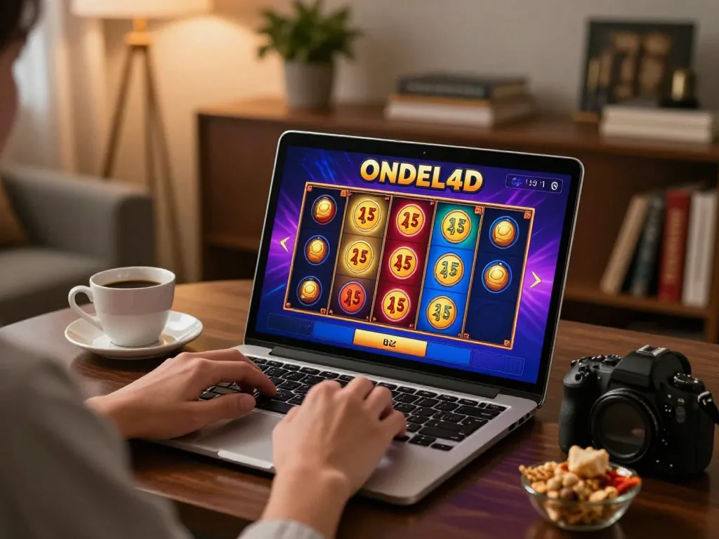 Engaging in ONDEL4D slot games in a cozy home setting, enhancing online gambling experience.