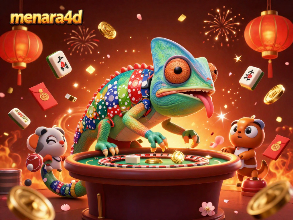 Menara4d menghadirkan chameleon kasino 3D besar yang menampung taruhan dan keceriaan permainan.