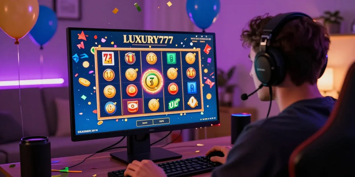 LUXURY777 Tautan Alternatif merayakan kemenangan pengguna saat bermain slot online di ruang tamu yang penuh warna dan suasana ceria.
