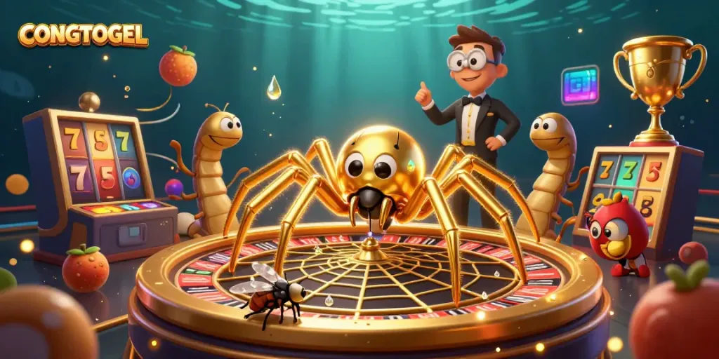 Engage with CONGTOGEL in this vibrant 3D scene featuring a spider spinning a roulette wheel web and a nervous fly betting.