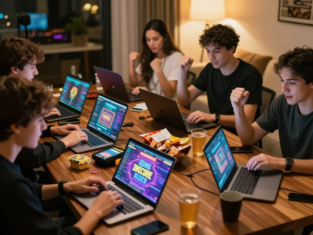 IDNSCORE players celebrating wins while engaging in online casino actions at home.