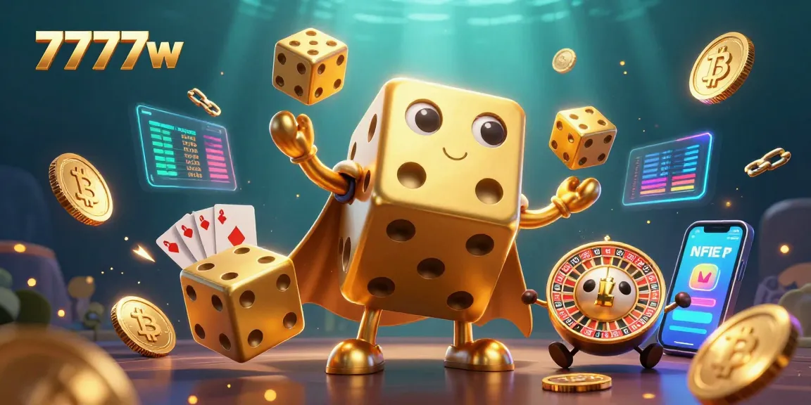 Experience the thrill of winning with 7777w in a vibrant 3D digital casino scene filled with playful elements.