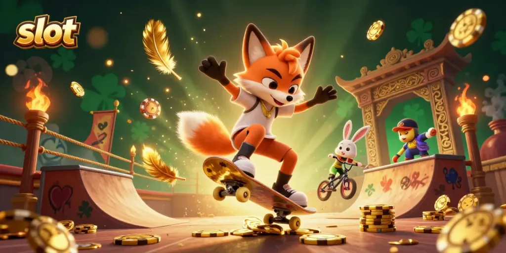 Slot yang menarik dengan karakter kartun beraksi skateboard menampilkan keseruan kasino.