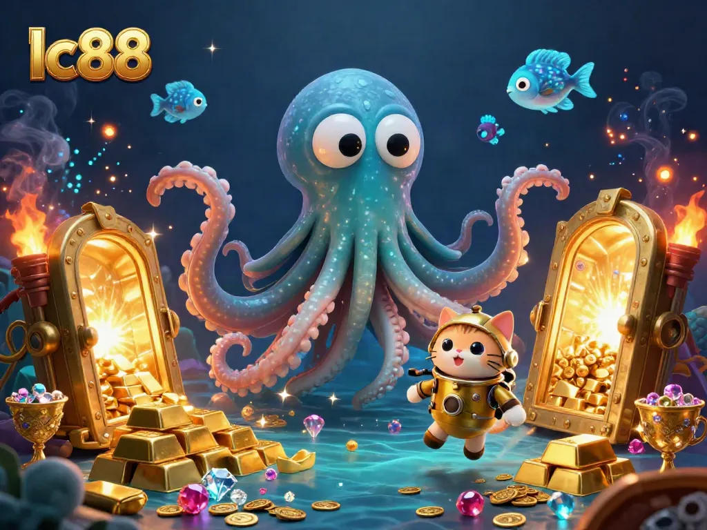 Experience the thrilling waves of lc88, featuring a colossal kraken and diving cat amidst gold treasures.