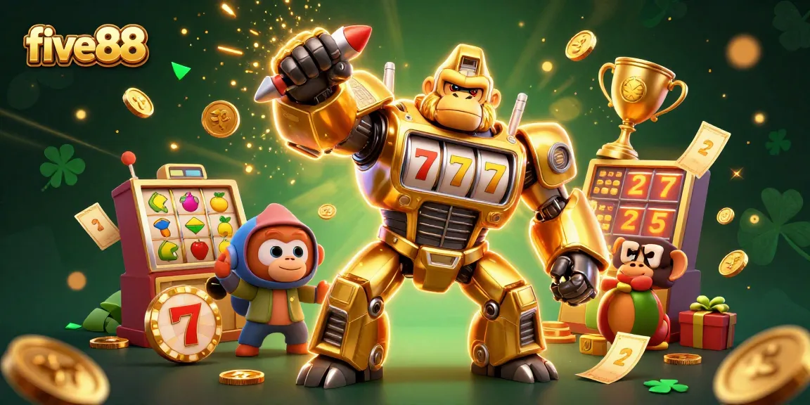 Experience the excitement of five88 with a golden gorilla mech and dynamic casino elements.
