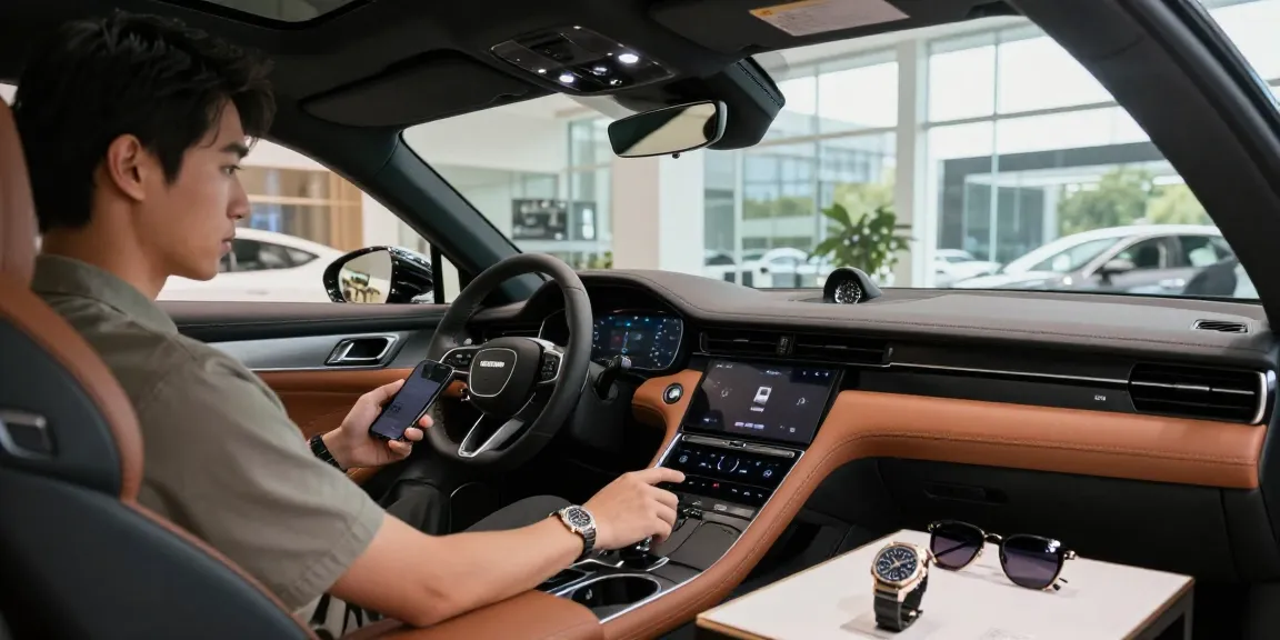 Interior showroom mobil mewah LUXURY 777 menampilkan kendaraan premium dan aksesori berkelas.