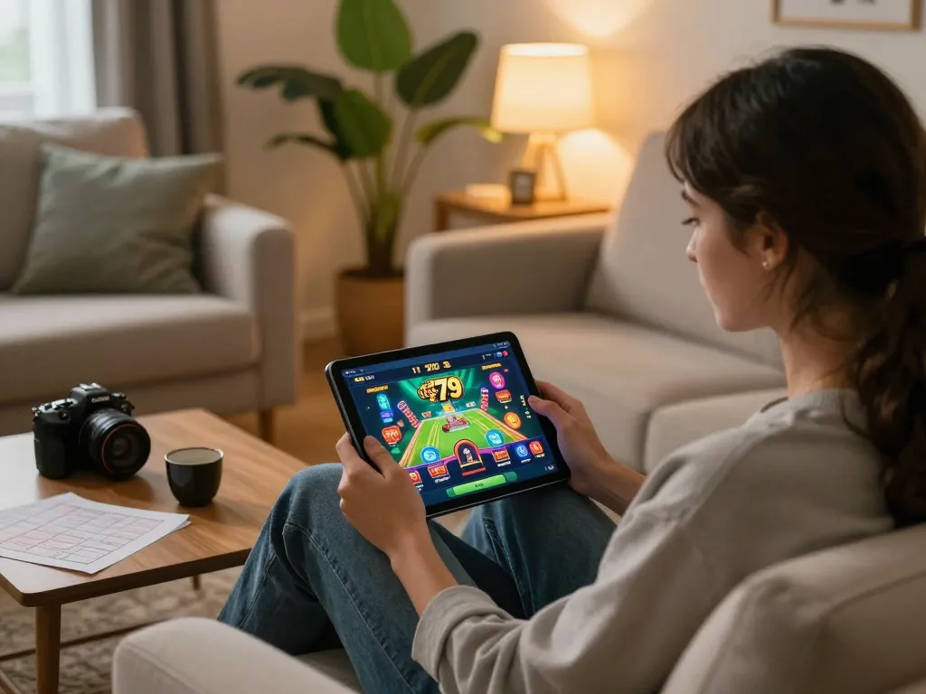 Playing fun79 casino games on a tablet in a cozy living room, showcasing strategic entertainment.