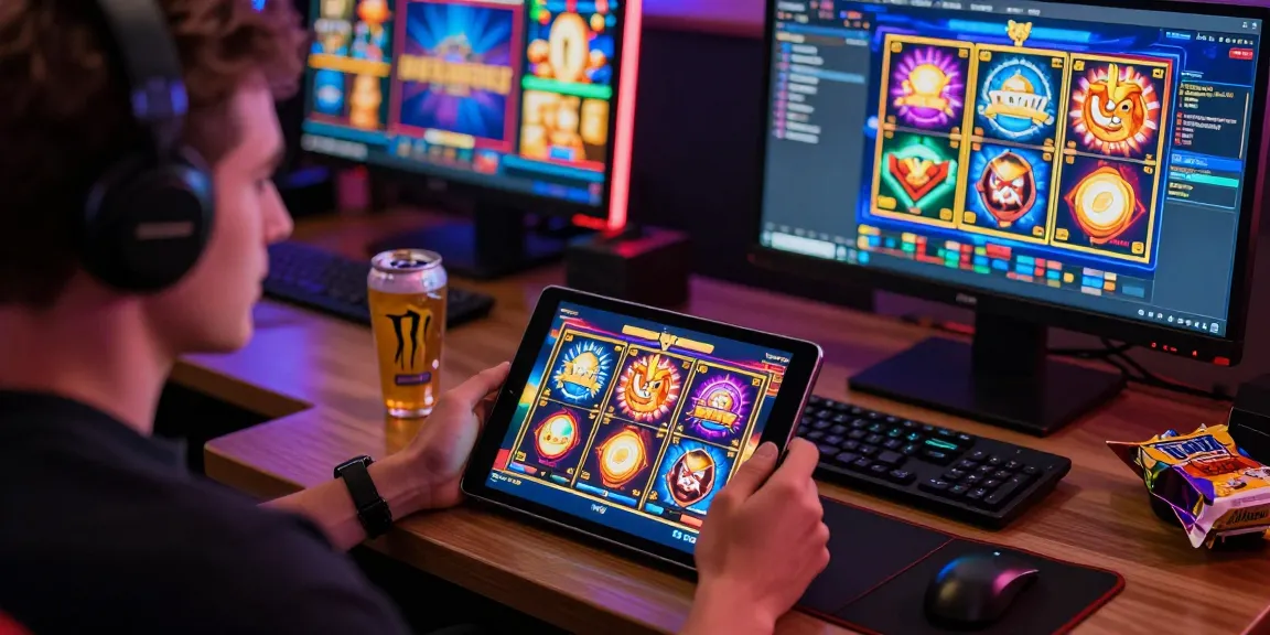 Player enjoying thrilling slot games on tablet amid colorful graphics and energy drinks.