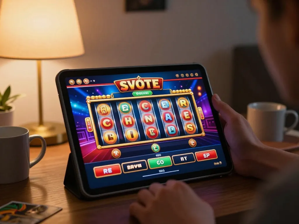 Engaging gameplay on dn88 platform, vibrant slot reels visible on tablet in cozy setting.