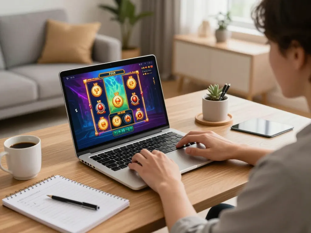 Playing slot toto on a laptop in a cozy home setup, showcasing a strategic gaming atmosphere.