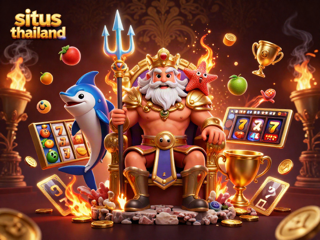 Situs Thailand showcases an exciting casino scene with Neptune, slot machines, and dynamic gold elements highlighting a premium gambling experience.