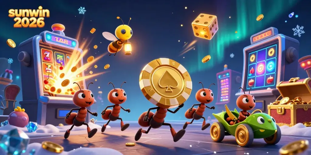 Experience the excitement of sunwin 2026 with a vibrant scene of ants heisting a giant poker chip.