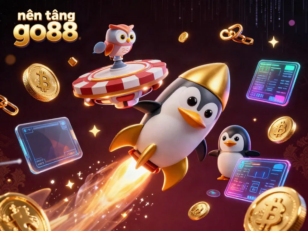 Experience the thrilling gaming scene with nền tảng go88's cosmic casino concept, including a golden penguin and crypto elements.