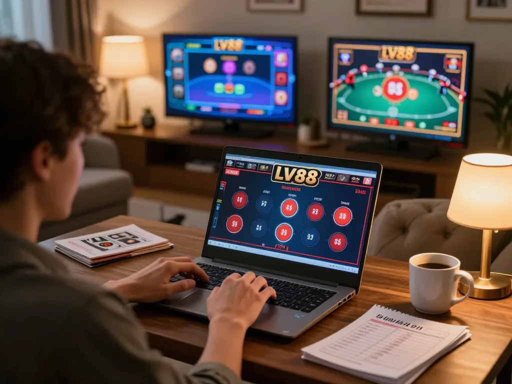 Engaging online gaming session on LV88 with vibrant slot and poker games.